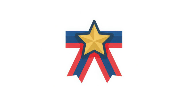 Golden star award ribbon with red and blue stripes