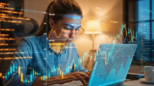 Young adult focused on laptop, overlaid with stock chart and program code, reflecting investment, technology, finance, data, and modern professional life