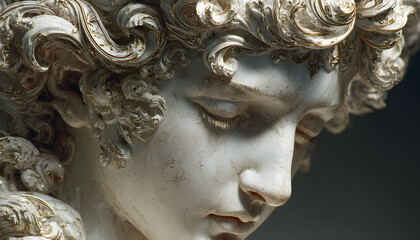 Sculpture of woman with ornate hair. White statue in studio. Female head bust with closed eyes. Concept of inner peace or history. Art object in classic style. Digital art with ornaments.