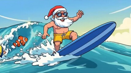 An old man on a surfboard, surrounded by fish and sea waves, symbolizing holiday season in summer, vacation, and active retirement on blue water