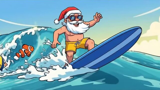 An old man on a surfboard, surrounded by fish and sea waves, symbolizing holiday season in summer, vacation, and active retirement on blue water - Powered by Adobe