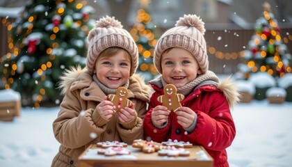 Two happy young children wearing winter coats outdoor forest holiday baking snowy environment joyful viewpoint