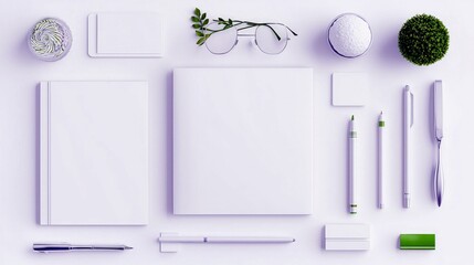 A flat lay of office supplies including notebooks, pens, eyeglasses, and decorative elements arranged neatly on a white surface.