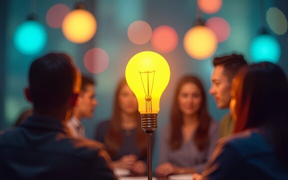 Group brainstorming with a bright yellow light bulb in focus against a colorful, blurred background, symbolizing creativity and collaboration. High quality
