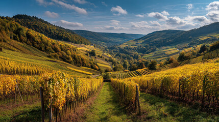 Fototapeta premium Aerial view of vineyard in valley with autumn foliage and cloudy blue sky in the background
