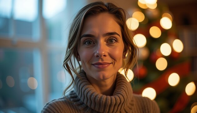 Joyful smiling woman in cozy turtleneck holiday setting portrait photography warm environment close-up celebrating happiness