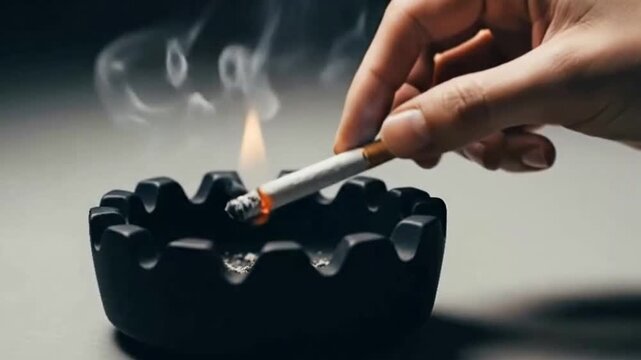 Hand places cigarette in ashtray; burn occurs, smoke ascends. Symbolism for a bad habit, unhealthy lifestyle, smoking cessation, addiction and mortality