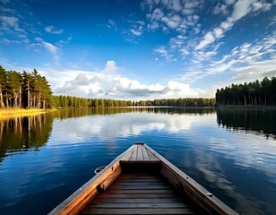Fototapeta premium peaceful lake with pine trees, a wooden boat pier, a placid reflection on the water, and a blue sky