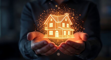 Glowing House in Hands - Futuristic Real Estate Concept, Digital Home.