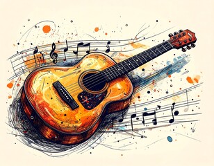 Colorful depiction of acoustic guitar with musical notes on a parchment-like background