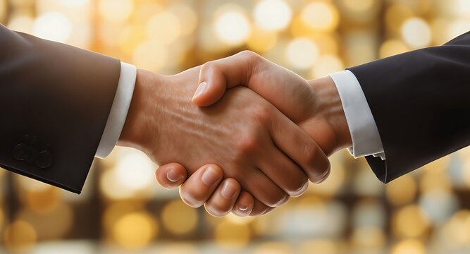 Close-up of two business partners shaking hands, symbolizing agreement and partnership.