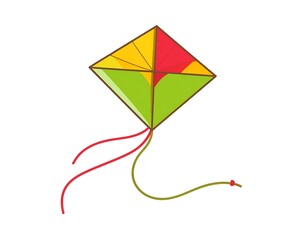 Colorful diamond-shaped kite design with vibrant hues and flowing ribbons, isolated on white