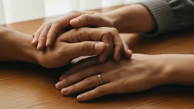 Close-up of two pairs of interlocked hands on wooden table, one hand wearing a ring, representing union, affection, support, closeness, and commitment