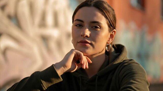A woman with brown hair in a green hoodie sits near a graffiti wall, the changing angle of the shots showcase contemplation, thought, and artistic expression