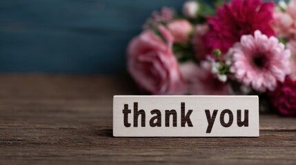 Celebrating gratitude wooden tabletop with blurred thank you notes and floral arrangement for birthday wishes