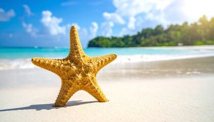 Sunny shot of a starfish on a white sand beach, with turquoise water and a blue sky with wispy clouds. Green trees in the background