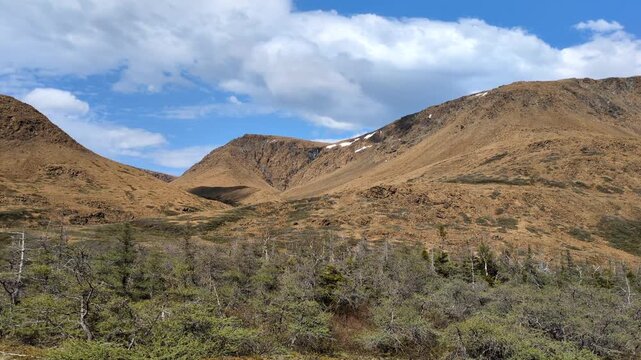 View of the Tablelands mountains from the Trout River Pond trail in the Gros Morne National Park (Trout River, Newfoundland, Canada)