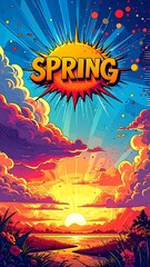 Colorful digital artwork of a sunrise scene. "Spring" appears within a burst