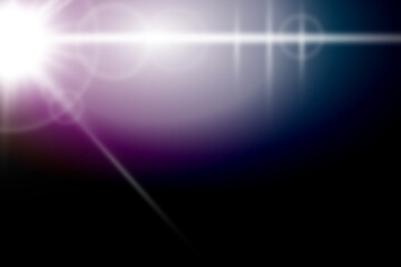White and purple light flare with bright star reflection effect on dark black background