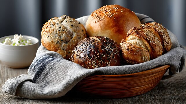 Variety of freshly baked bread rolls with seeds and grains served in a wicker basket