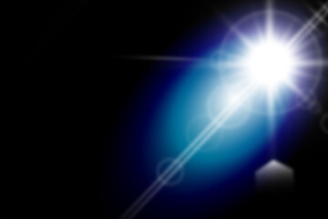 Blue light flare with bright lens reflection effect isolated on black background