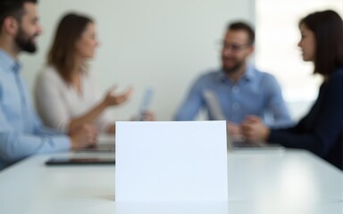 Obraz premium A clean workspace with a blank card in focus, with blurred colleagues discussing in the background. High quality