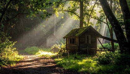 Sunlit forest scene with rays of light piercing through the trees. A rustic wooden cabin sits on a path in the woods