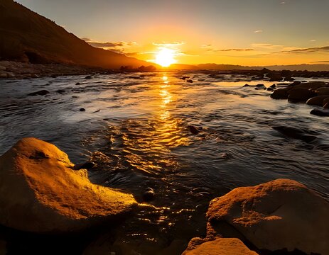 Warm Sunlight Over Flat Rock with Shallow Water Flow
