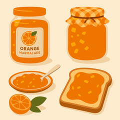 A vector illustration featuring jars of orange marmalade, a spoonful of jam, and toast slices