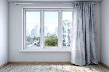 Fototapeta premium Interior room corner featuring a large window with sheer drapery overlooking an urban landscape.