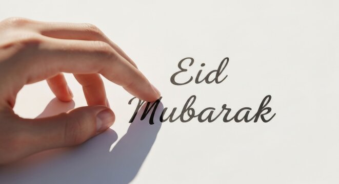 A hand touching "Eid Mubarak" script on a white surface, with shadow
