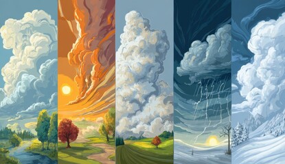 Series of four weather scenes depicting different sky conditions and seasons