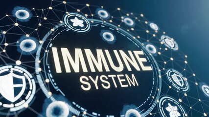 Immune system concept represented by abstract technology backdrop with interconnected nodes and shields, conveying connectivity. - Powered by Adobe