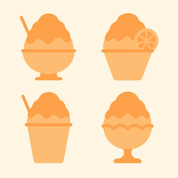 A collection of shaved ice desserts in various cup shapes with citrus themes, designed in a simple and minimal style