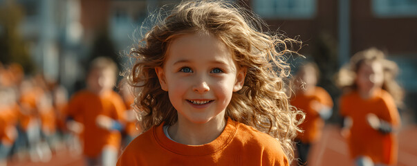 Happy girl runs on track with friends on sports day. Excited kids enjoy healthy activity in outdoor youth athletic event. They wear orange t-shirts. Fun dynamic spirited movement.