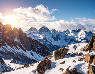 Stunning aerial shot of majestic mountain peaks covered in snow, illuminated by the sun's golden rays, beneath a clear blue sky with puffy clouds