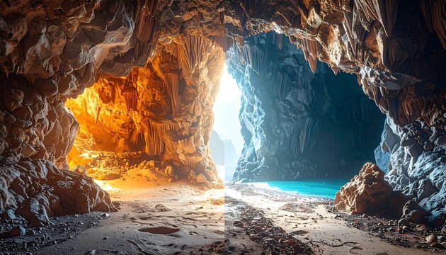 Split-screen cavern scene; warm, orange light on the left contrasted with cool, blue tones on the right, sandy floor leads to water