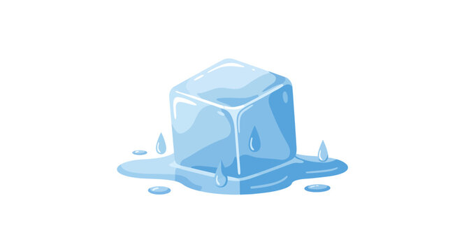 A blue cartoon ice cube is melting surrounded by water puddles and dripping drops