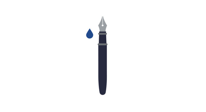 A dark blue fountain pen with a silver nib and a blue ink drop
