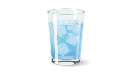A transparent glass filled with light blue water and ice cubes against a white background