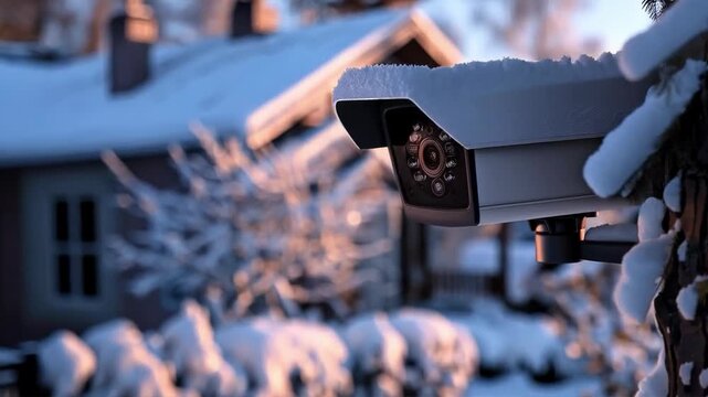 A surveillance camera covered in snow emphasises the importance of security during the winter months and provides a relevant backdrop for articles on modern home security technologies.
