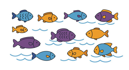 Cartoon illustration of various colored fish swimming above blue wave lines
