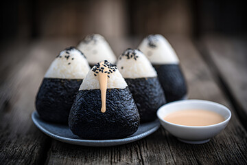 Delicious onigiri rice balls wrapped in nori, served with creamy dipping sauce on rustic table