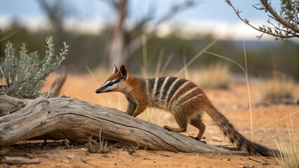 Obraz premium Rare Numbat (Myrmecobius fasciatus) marsupial actively foraging for termites in its arid Western Australian bushland habitat.