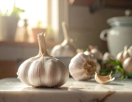 Still life of garlic bulbs on a marble countertop. Sunlight illuminates the scene. Kitchen items are in the blurred background