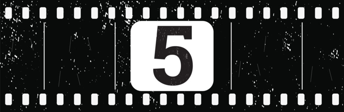 Vintage filmstrip countdown frame number 5 with grunge texture on transparent background