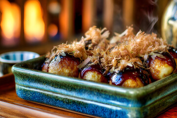 Delicious takoyaki topped with bonito flakes, steaming and inviting, perfect for sharing