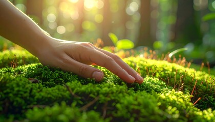Sunlit hand gently touches vibrant green moss in a lush, blurry forest environment. Soft light filters through the trees