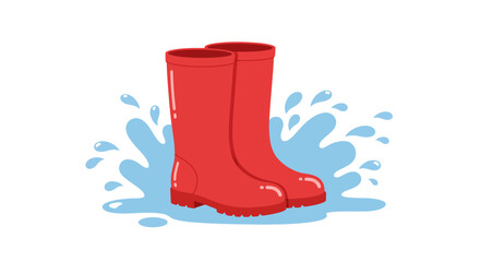 Illustration of two red rain boots splashing in light blue water puddles