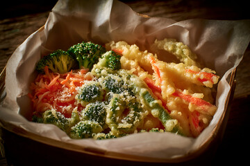 Crispy tempura vegetables served in paper lined basket, showcasing vibrant colors and textures